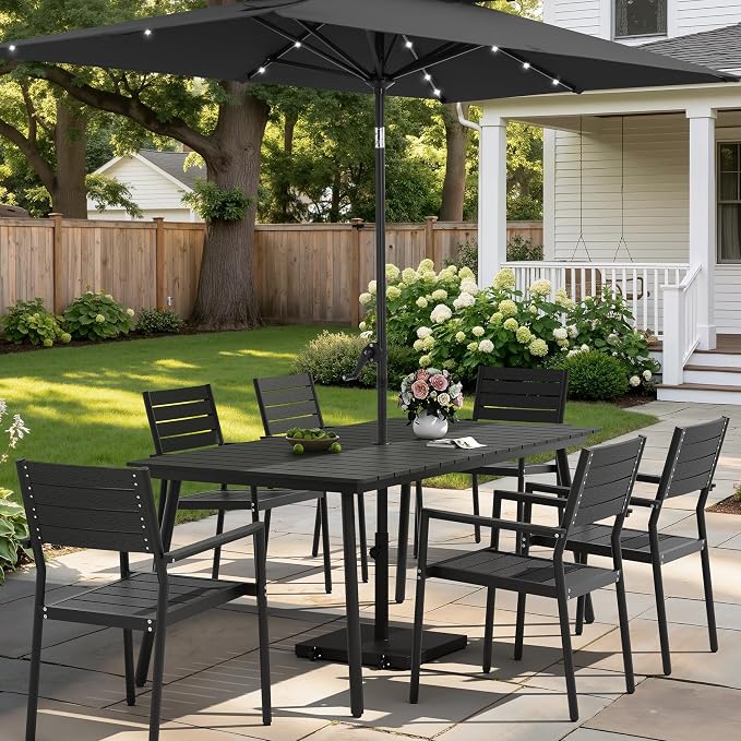 7-Piece Outdoor Dining Set for 6 Person with Black Wood-Grain Top | Armrest Stackable Chairs with 19.4" Seat Depth, Aluminum Frame Dining Furniture with Umbrella Hole for Deck, Porch & Backyard