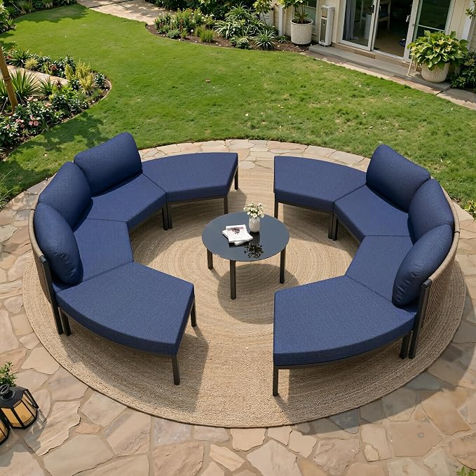 Crestlive Curved Patio Furniture Set, Modular Half Moon 8-Seater Sofa with Round Coffee Table, Aluminum Outdoor Sectional with 4.3" Cushions, All-Weather Couch for Backyard, Deck, Porch, Poolside