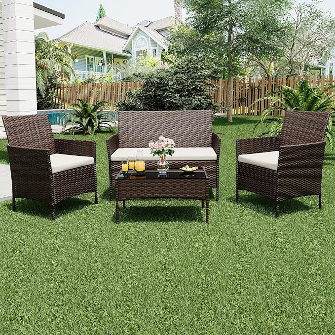 GAOMON 4 Piece Patio Furniture Set, Modern Patio Conversation Set with Glass Coffee Table, PE Wicker & Cushions for Poolside, Deck, Balcony, Brown & Beige