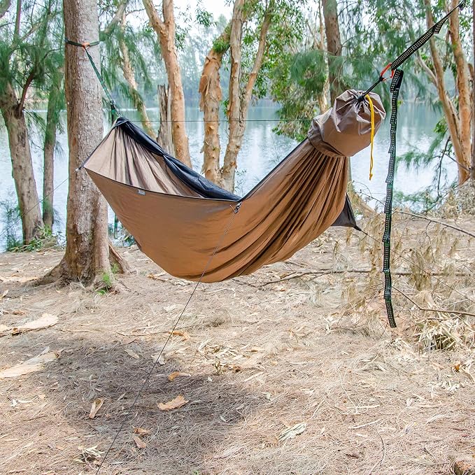 Go Camping Hammock 2.0 w/ Built-In Mosquito Net - Slate Gray by Go Outfitters: 11' Long X 64" Wide |Includes 2 Premium Aluminum Carabiners, Rapid Deployment Bag, 4 Stakes & 4 Shock Cords