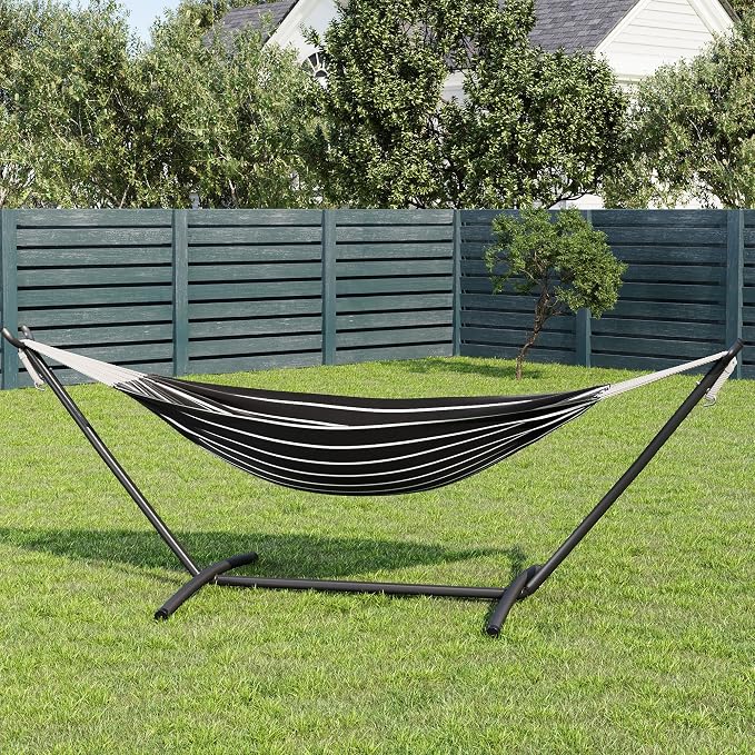 Heavy Duty Double Hammock with Steel Stand – 2 Person, 450lbs Capacity, Portable for Indoor Outdoor Use, Space-Saving with Carry Bag, Garden, Patio, Camping, White Agate