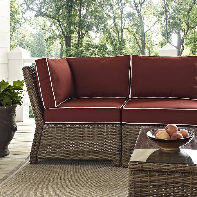 Crosley Furniture Bradenton 5-Piece Outdoor Sectional Sofa Wicker Conversation Patio Furniture Set for Deck, Brown with Sangria Cushions