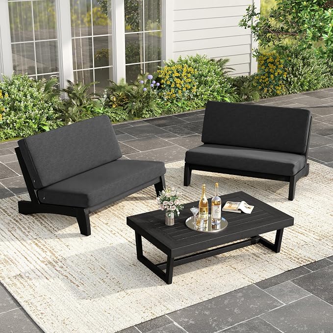 Black Wood Patio Furniture Sets, 3 Pieces All Weather Patio Loveseat Sofa Outdoor Sectional Futniture Backyard Conversation Set with Solid Wooden Coffee Table - Dark Gray