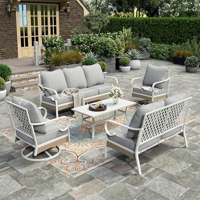 HERA'S HOUSE 5 Piece Metal Patio Furniture Set, 7 Seats All Weather Outdoor Conversation Set, 3 Seat Sofa with Loveseat, 2 Swivel Chairs, Coffee Table for Backyard, Garden, Deck, White/Grey