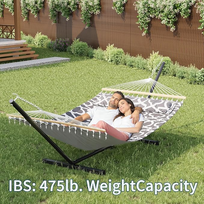 GarveeHome 2 Person Hammock with Stand, Heavy Duty Hammock with Carrying Bag, Soft Pillow, 475 lbs Capacity, Freestanding & Portable for Patio, Garden, Camping, Light Grey