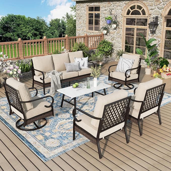 MIXPATIO Patio Furniture Set with Coffee Table, Outdoor Conversation Set with 2 x Fixed Chairs, 2 x Swivel Chairs, 1 x 3-Seat Sofa for Lawn Garden Backyard, Beige