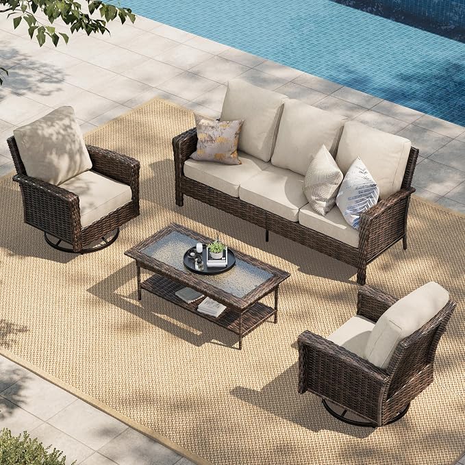 HERA'S HOUSE High Back Patio Furniture Set with Swivel Chairs, Outdoor Wicker Conversation Sets with 5.5" Comfy Cushions, 4 Piece Outside Sofa Sets, Beige
