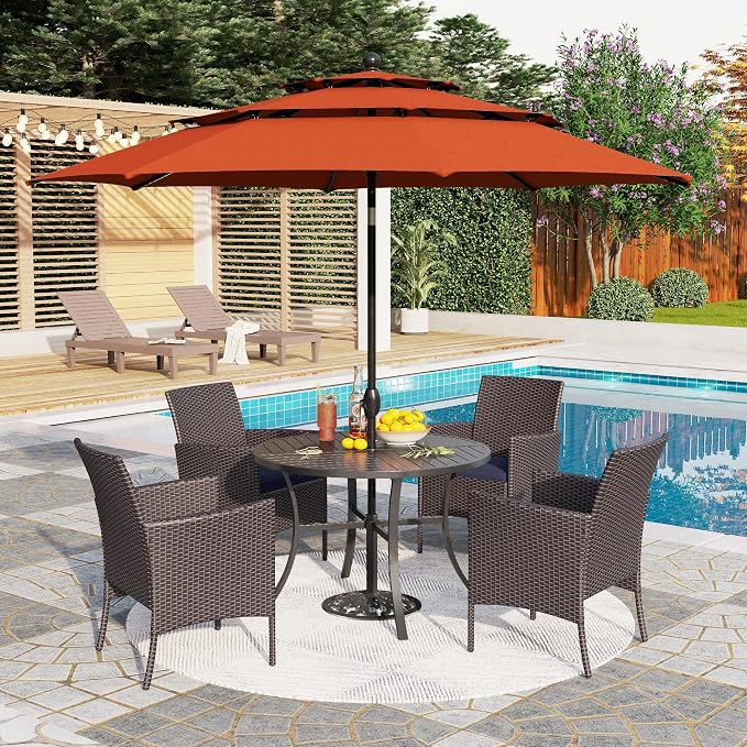 PHI VILLA 5pc Patio Dining Set with Umbrella, Round Table, Rattan Chairs | Outdoor Dining Set for 4, 42" Metal Table & 4 Cushioned Rattan Chairs with Red Umbrella for Outdoor, Deck, Yard, Porch