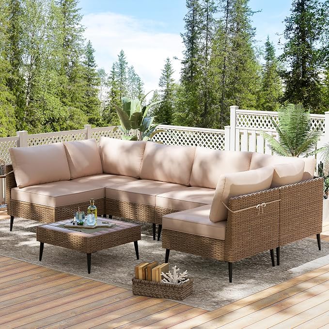 7-Piece Patio Furniture Set,Outdoor Wicker Patio Conversation Set | Waterproof Cushion, For Garden, Balcony, Porch & Courtyard, Modular Conversation Set Sectional Sofa, Coffee Table