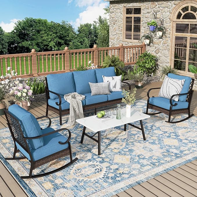 MIXPATIO Patio Furniture Set with Coffee Table, Outdoor Conversation Set with 2 x Rocking Chairs, 1 x 3-Seat Sofa for Lawn Garden Backyard, Navy Blue