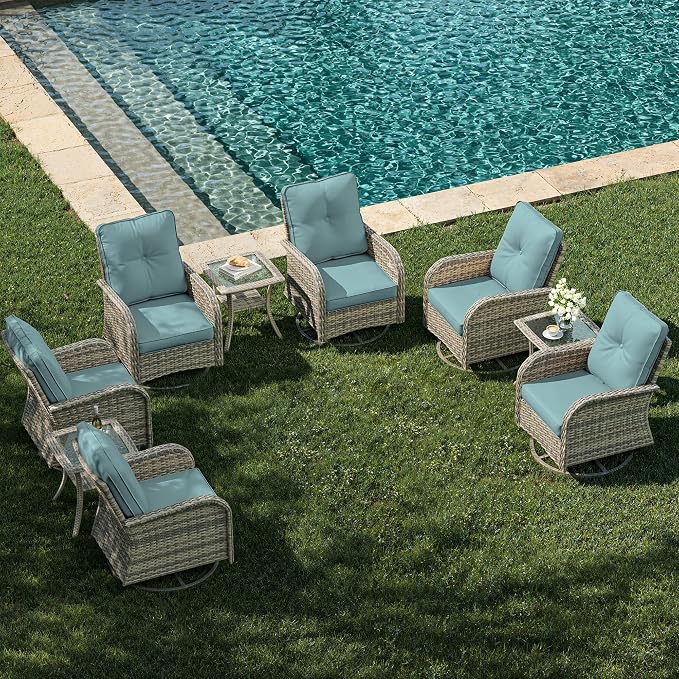 9-Piece Patio Rocking Swivel Chair Outdoor Wicker Rattan Bistro Set with Tempered Glass Side Table, Outdoor Patio Furniture Set for Garden, Deck, and Balcony, Light Blue