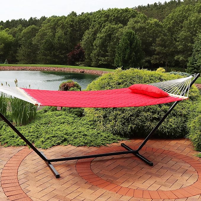 Sunnydaze Double Quilted Polyester Hammock with Detachable Pillow - 440-Pound Capacity - Red