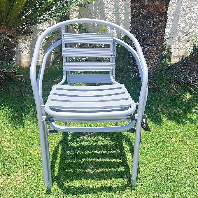 BTEXPERT Indoor Outdoor Restaurant Stainless Steel Aluminum + 2 Silver Gray Metal Slat Stack Commercial Lightweight, 2 Chairs with a 27.5" Square Table