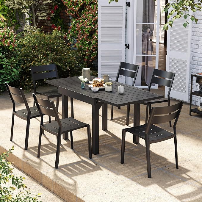 Pellebant 7-Piece Aluminum Outdoor Dining Set for 6, Stackable Contoured Seat Chairs with 17.3" Depth, Expandable Patio Table – Weather-Resistant Furniture for Deck, Porch & Backyard