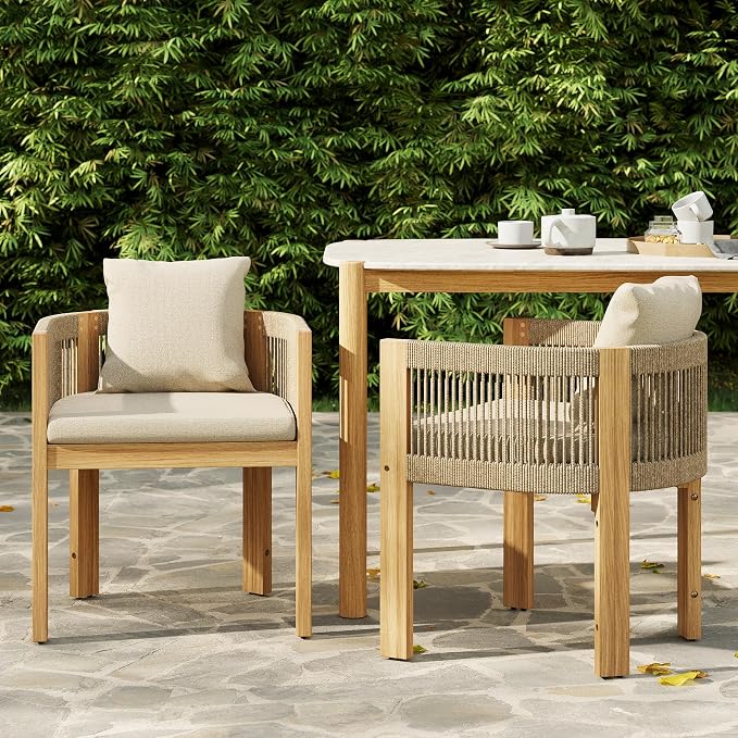 homary 7-Pieces Outdoor Dining Set, White Cement Table with Teak & Rattan Dining Chairs, Weatherproof Cushions, Comfortable Patio Furniture Set for Garden & Patio
