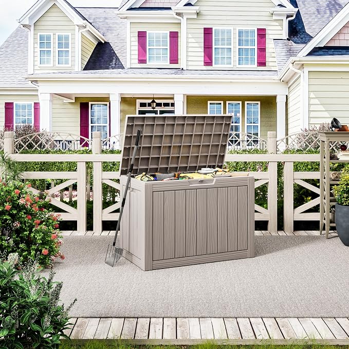 45 Gallon Outdoor Storage Box, Waterproof Resin Deck Box with Lockable Lid – Storage Cabinet for Patio Furniture, Pool Supplies, Garden Tools – Indoor & Outdoor Use