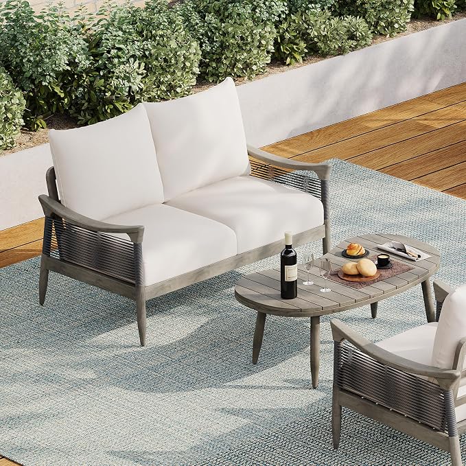 Merax 2-Piece Acacia Wood Patio Loveseat Set with Coffee Table | Grey Acacia Frame, Woven Rope Loveseat, Thick Beige Cushions, Arc Coffee Table For Porch, Garden, Backyard Or Balcony