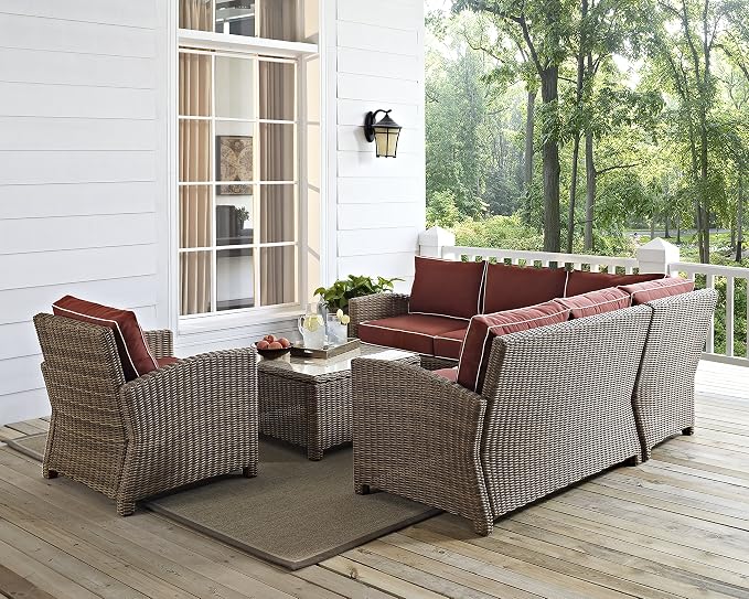 Crosley Furniture Bradenton 5-Piece Outdoor Sectional Sofa Wicker Conversation Patio Furniture Set for Deck, Brown with Sangria Cushions