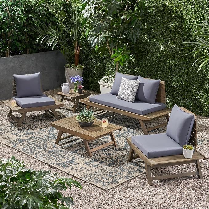 Christopher Knight Home Sedona Outdoor Acacia Wood 4 Seater Chair Loveseat Cushions Chat Patio Furniture Conversation Sets with Coffee Table, 37 "W x 28.25 "D x 29.5 "H, Gray + Dark Gray
