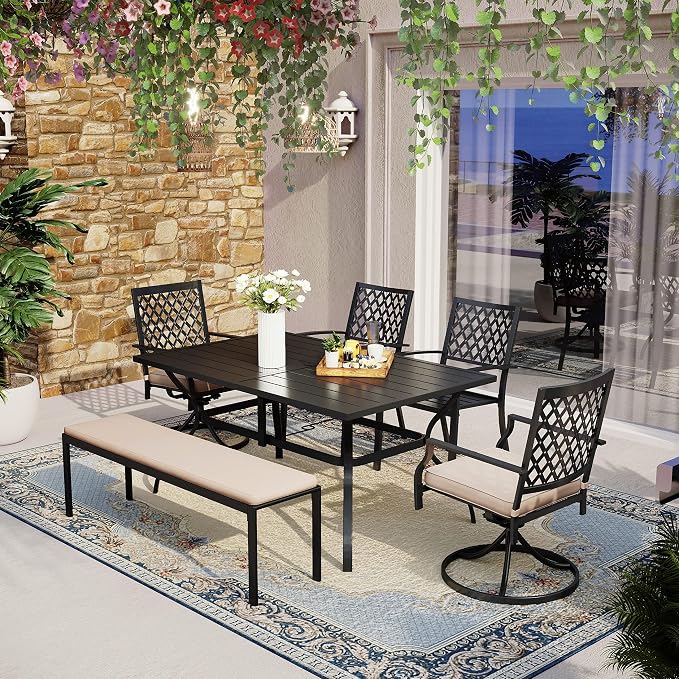 MFSTUDIO Outdoor Dining Set with Bench, Patio Table and Chairs Set for 6 with Umbrella Hole, Deck Garden Table Chair and Bench Set