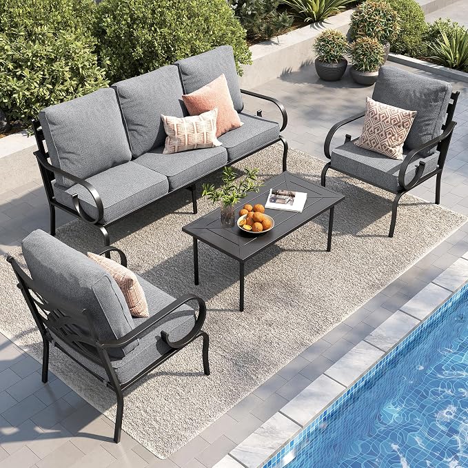PHI VILLA Patio Furniture Set, 3-Seater Sofa, 2 Fixed Chairs and a Coffee Table, Outdoor Metal Conversation Set with 5.75" Extra Thick Cushion for Garden Backyard Deck, Grey