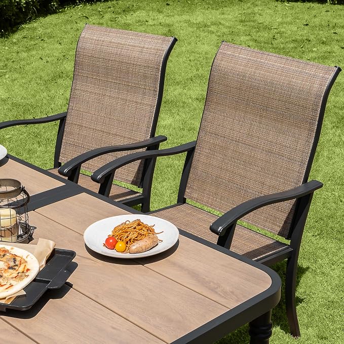 NUU GARDEN 7-Piece All-Weather Outdoor Dining Set with Umbrella Hole, Wood-Grain Table & 6 Patio Textilene Swivel Chairs Patio Outdoor Furniture for Porch, Backyard, Garden, Poolside and Deck