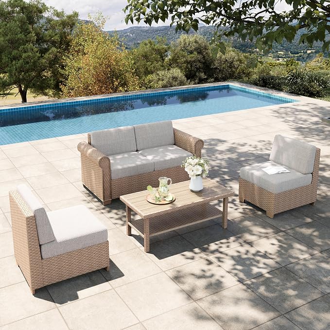 HERA'S HOUSE Patio Furniture Set, All Weather 4 Seats Outdoor Sectional Wicker Sofa with 44" Coffee Table, 5.5" Thick Waterproof Cushion Modular Conversation 5 Pieces Sofa Set for Garden Deck Backyard