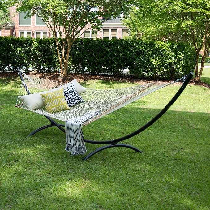 Hatteras Hammocks Large Oatmeal DuraCord Rope Hammock – 13 ft. x 55 in., 2-Person, 450 lb Capacity, Cumaru Spreader Bar, Zinc-Plated Hardware – Handcrafted in The USA