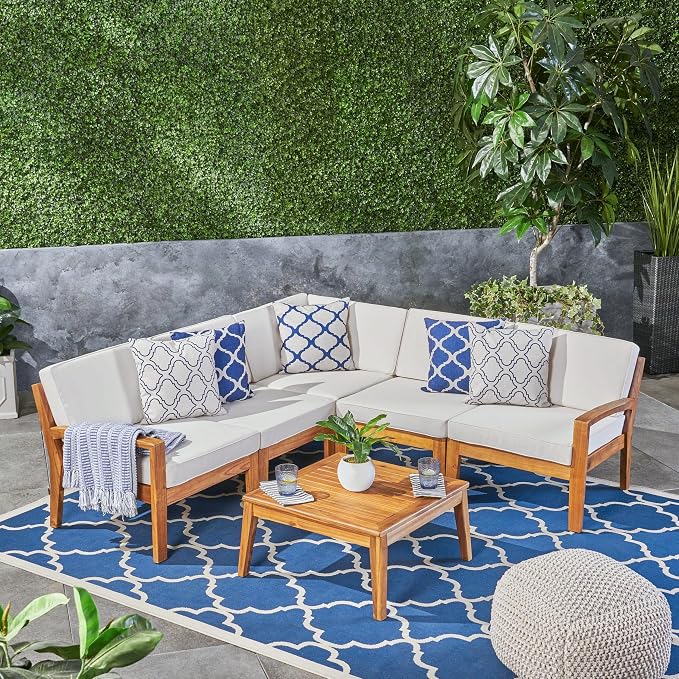 Christopher Knight Home Grena Outdoor Acacia Wood 5 Seater Sectional Conversation Set with Coffee Table, Teak and Beige
