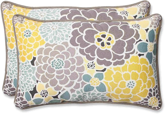 Pillow Perfect Bright Floral Indoor/Outdoor Accent Throw Pillow, Plush Fill, Weather, and Fade Resistant, Lumbar - 11.5" x 18.5" , Blue/Tan Lois, 2 Count