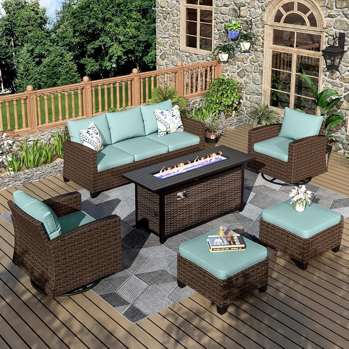 MIXPATIO Swivel Glide Patio Furniture Set, 6 Pcs Wicker Outdoor Conversation Set, 2 x Swivel Chairs, 1 x 3 Seater Sofa and 2 x Ottoman with 4" Thick Cushion and 56" Fire Pit Table, Blue