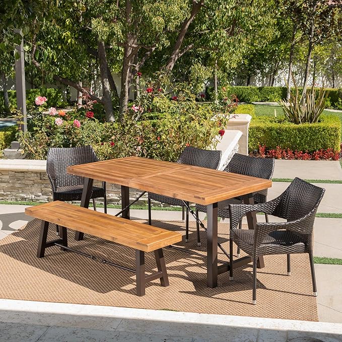 Christopher Knight Home Morley Outdoor Acacia Wood Dining Set with Wicker Stacking Chairs, 6-Pcs Set, Teak Finish / Rustic Metal / Multibrown