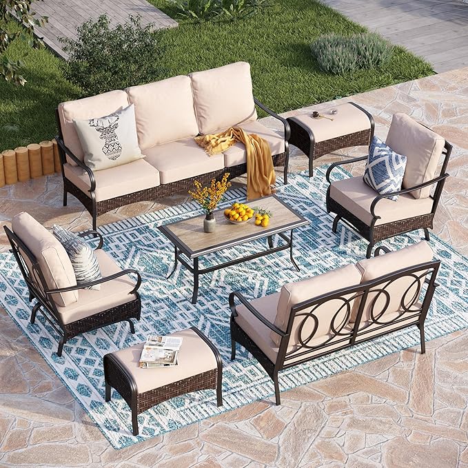 PHI VILLA Extra Large Outdoor Modern Patio Furniture Set, Upgraded Wicker & Metal Patio Conversation Set with Waterproof Thick Cushions for Porch, Poolside, Yard(7 Pieces,Beige)