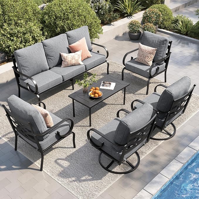 PHI VILLA Patio Furniture Set, 3-Seater Sofa, 2 Fixed Chairs, 2 Swivel Chairs and a Coffee Table, Outdoor Metal Conversation Set with 5.75" Extra Thick Cushion for Garden Backyard Deck, Grey