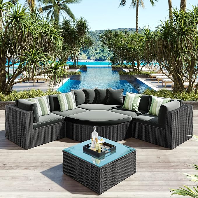 Outdoor PE Rattan Wicker Sectional Sofa Set,All Weather Conversation Lounger Set with Striped Green Pillows and Cushions, Multifunctional Combination Adapt to Any Space Gray-7-piece