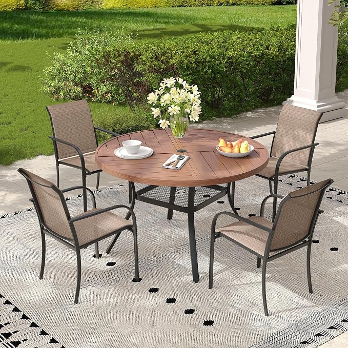 5 Pieces Outdoor Dining Set, Stackable Textilene Paito Chairs & 40.5" Round Dining Table with Umbrella Hole and Shelf, Patio Dining Set for Backyard, Deck, Garden, Brown & Walnut
