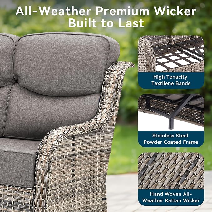 Luxury Outdoor Patio Furniture Set-Wicker High Backrest 3-Seat Patio Sofa with Comfy 6" Cushion, Rattan Couch with Deep Seat All-Weather Patio Conversation Set for Deck Backyard Garden(Grey/Grey)