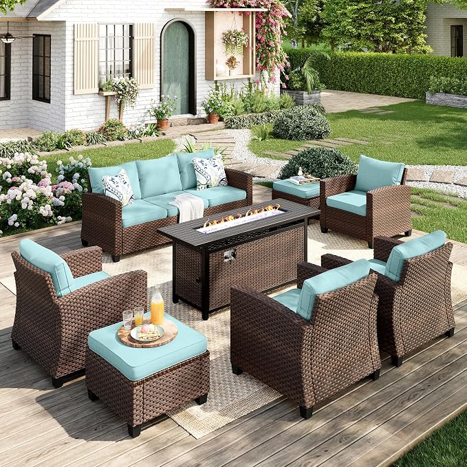 MIXPATIO Patio Furniture Set, 8 Pcs Wicker Rattan Outdoor Conversation Set, 4 x Leg Chairs, 1 x 3 Seater Sofa and 2 x Ottoman with 4" Thick Cushion and 56" Fire Pit Table, Blue
