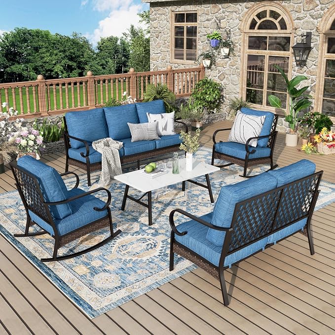 MIXPATIO Patio Furniture Set with Coffee Table, Outdoor Conversation Set with 2 x Rocking Chairs, 1 x 2-Seat Sofa, 1 x 3-Seat Sofa for Lawn Garden Backyard, Pacific Blue