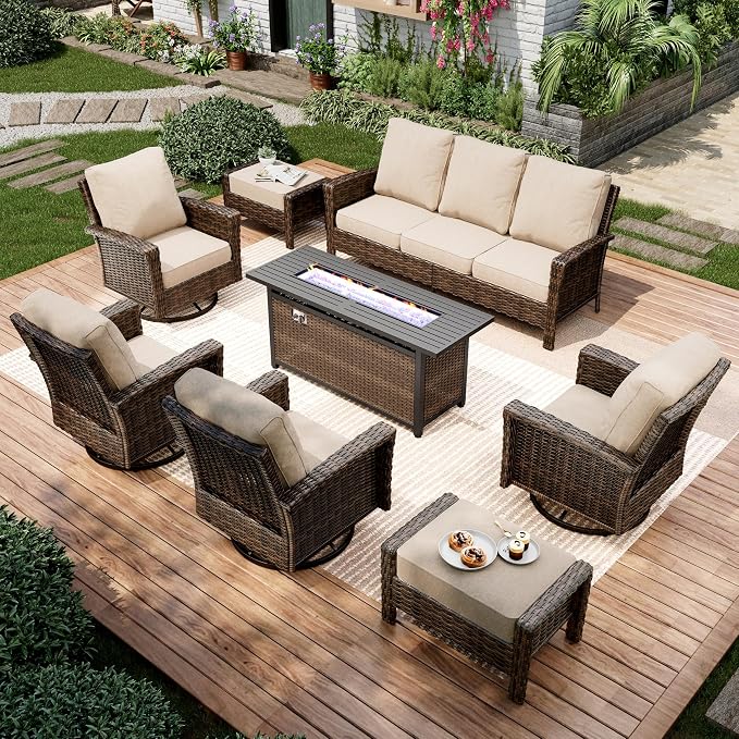 MIXPATIO 8-Piece Wicker Patio Furniture Set with Swivel Chairs, High Back Outdoor Furniture with Fire 57'' Pit Table and Ottoman, All-Weather Wicker Patio Conversation Set for Deck Yard Pool, Beige