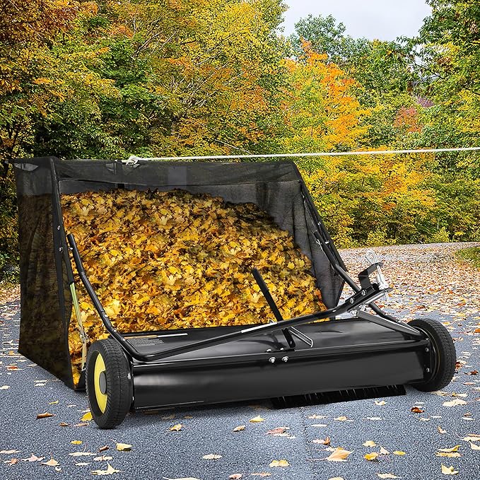 Tow Behind Lawn Sweeper, 44" Pull Behind Collector – Large Capacity Leaf & Grass Collector with Adjustable Height, Dumping Rope Design for Debris and Lawn Clippings