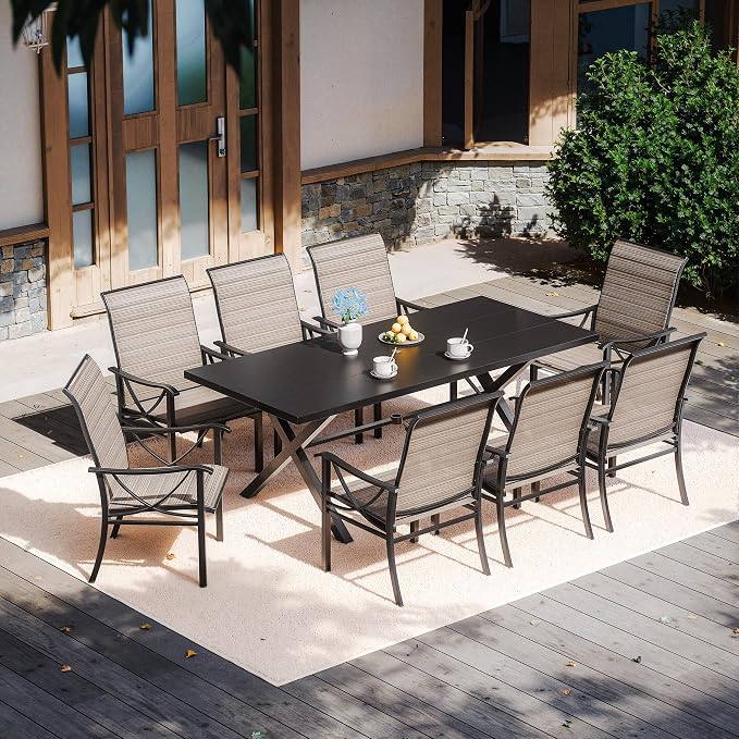 Gotland 9 Piece Outdoor Dining Set, Metal Outdoor Table and Chairs with X-Shaped Legs 1.5" Umbrella Hole, Patio Furniture Set with Breathable Seat Backrest, Patio Dining Sets for Backyard Deck Brown