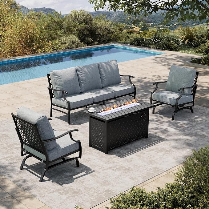 HERA'S HOUSE 4 Pieces Patio Furniture Set with Fire Pit Table, 2 x Rocking Chair, 3-Seat Sofa with 45" Fire Pit Table, Outdoor Conversation Set for Garden Poolside Backyard, Grey