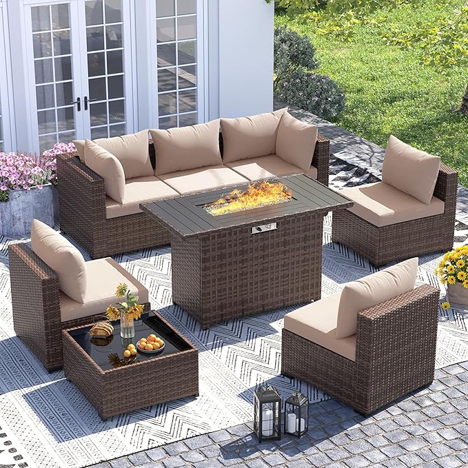 UDPATIO Furniture Set with Fire Pit Table, 8 Piece Sectional Sofas, All-Weather Wicker Conversation for Garden, Backyard, Khaki