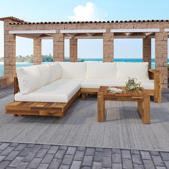 VilroCaz Outdoor Patio Furniture Set, L-Shaped Acacia Wood Sectional Sofa with Coffee Table, Cushions and Backpack, All-Weather Conversation Set for Garden Backyard Porch