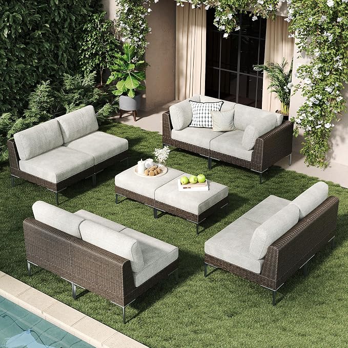 LayinSun 10-Piece Wicker Rattan Patio Furniture Set, Deep Seating Outdoor Modular Sectional Sofa Conversation Set with Thick Cushions for Lawn, Garden