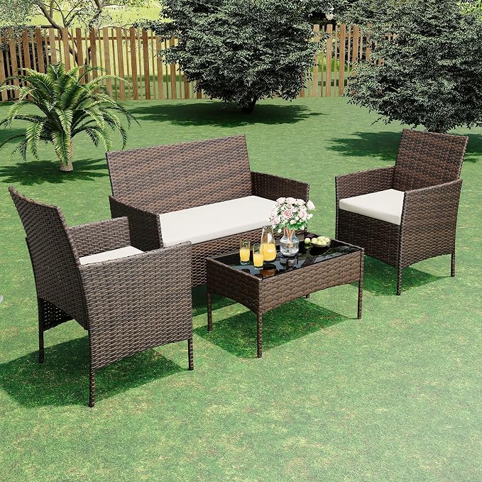 Outdoor Wicker Patio Set 4 Piece, Rattan Conversation Furniture with Loveseat, 2 Armchairs, Tempered Glass Table and Cream Cushions, Patio Seating for Balcony Porch Garden Poolside