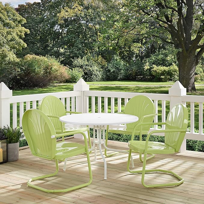 Crosley Furniture Griffith 5-Piece Outdoor Dining Set for 4, Retro Metal Round Patio Table and Chairs, White and Key Lime