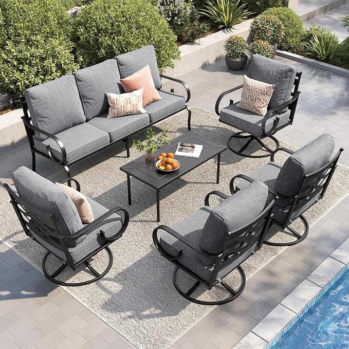 PHI VILLA Patio Furniture Set, 3-Seater Sofa, 4 Swivel Chairs and a Coffee Table, Outdoor Metal Conversation Set with 5.75" Extra Thick Cushion for Garden Backyard Deck, Grey
