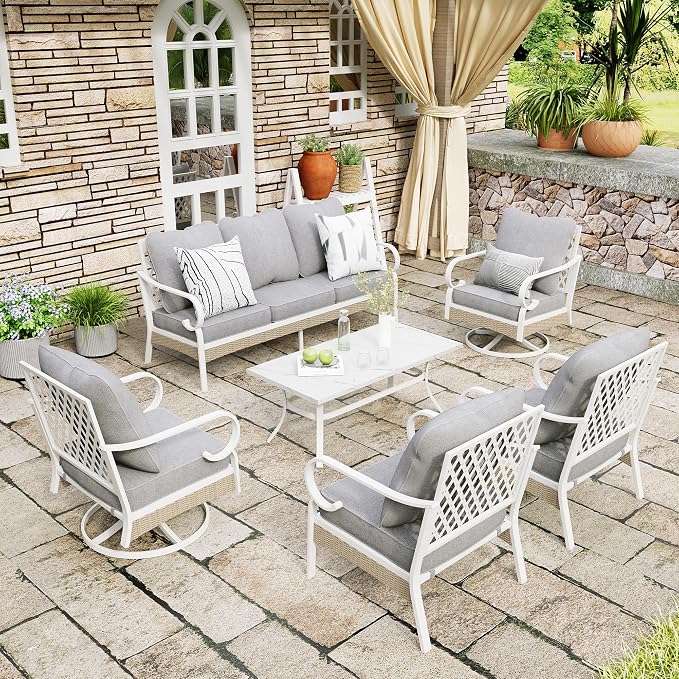 MIXPATIO 6 Piece Patio Furniture Set, 2 x Fixed Chair, 2 x Swivel Chair, 1 x 3-Seat Sofa with Marbling Coffee Table, 7 Seats Outdoor Conversation Set for Lawn Garden Backyard, Light Gray